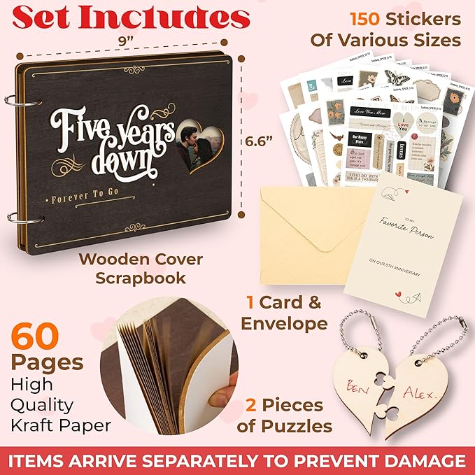 Stofinity 5 Year Anniversary Wood Gifts For Men Women - Unique 5 Year Wedding Gifts For Husband Wife, Wooden Anniversary Scrapbook Photo Album Journal, Romantic 5th Marriage Gift For Couple