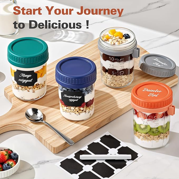 Cozyverge 6 Pack Overnight Oats Containers with Lids and Spoons, 16 oz Airtight Oatmeal Container with Measurement Marks, Overnight Oats Jars for Cereal Fruit Vegetable Milk Salad Yogurt Meal Prep