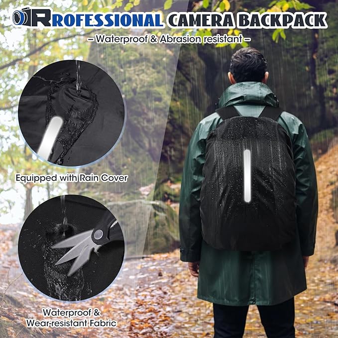RAINSMORE Camera Backpack Camera Bag for Photographers DSLR SLR Mirrorless Camera Cases with Waterproof Rain Cover & Laptop Compartment Fits 14 Inch Laptop,Anti Theft Travel photography backpack,Black