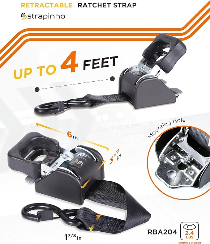 Strapinno 2PCS Retractable Ratchet Straps (1 7/8 in x 4 ft) Heavy Duty Transom Tie Downs for Boat, PWC Trailer - Extra Mounting Brackets & Bolt Set,Safety Latch S-Hook,Break Strength 2,600LBS/1,180KG