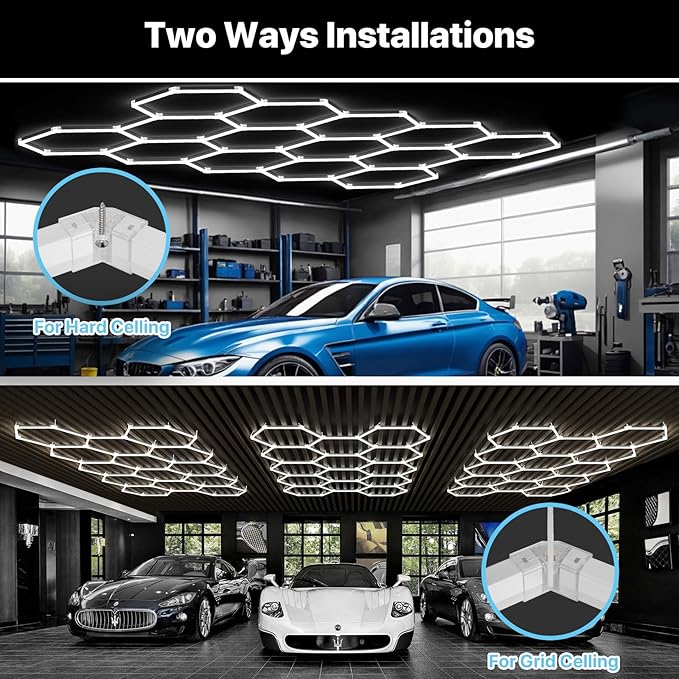 HYPERLITE Gen 2 Hexagon Garage Lights: 399W 39900LM 14 Grids Hexagon Led Light, 6500K Ultra Bright Honeycomb Hex Lights, Easy Install, Durable Design for Garage, Car Detailing, Workshops, Shops, Gym