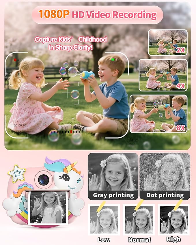 Kids Camera Instant Print, 1080P Digital Camera for Kids with 32GB SD Card, Toddler Girl Toys Birthday Festival Gifts for 3 4 5 6 7 8 9 10 Year Old Girls, Portable Travel Toys for Girls Age 3-10