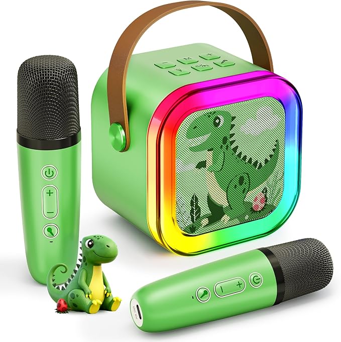 Mini Karaoke Machine for Kids Girls & Boys - Portable Bluetooth Speaker with 2 Wireless Microphones - Kids Birthday Gifts for Ages 4-10 - Dinosaur