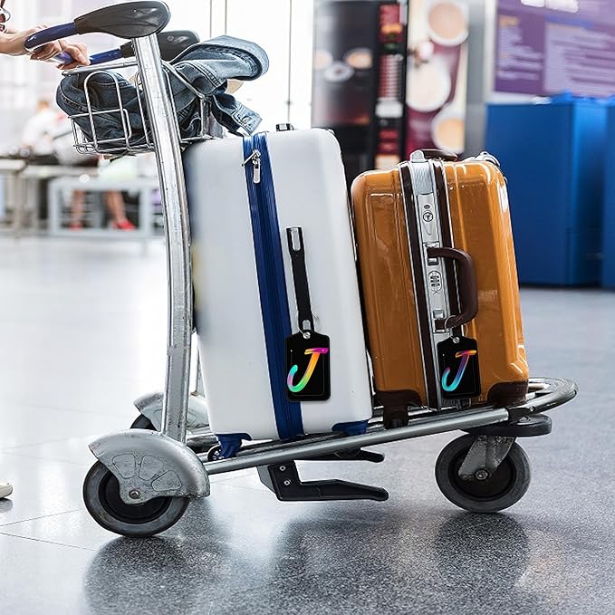 Luggage Tags for Suitcase,2 Pack Neon Colorful Letters Luggage Tags,Leather Baggage Tags Identifiers with Privacy Name Address Labels and Metal Loop for Women Men Girls Travel,Letter J
