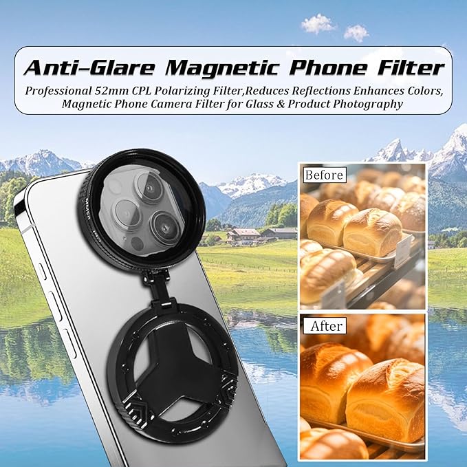 Anti-Glare Magnetic Phone Filter, Professional 52mm CPL Polarizing Filter, Reduces Reflections Enhances Colors, Magnetic Phone Camera Filter for Glass & Product Photography (2PCS)