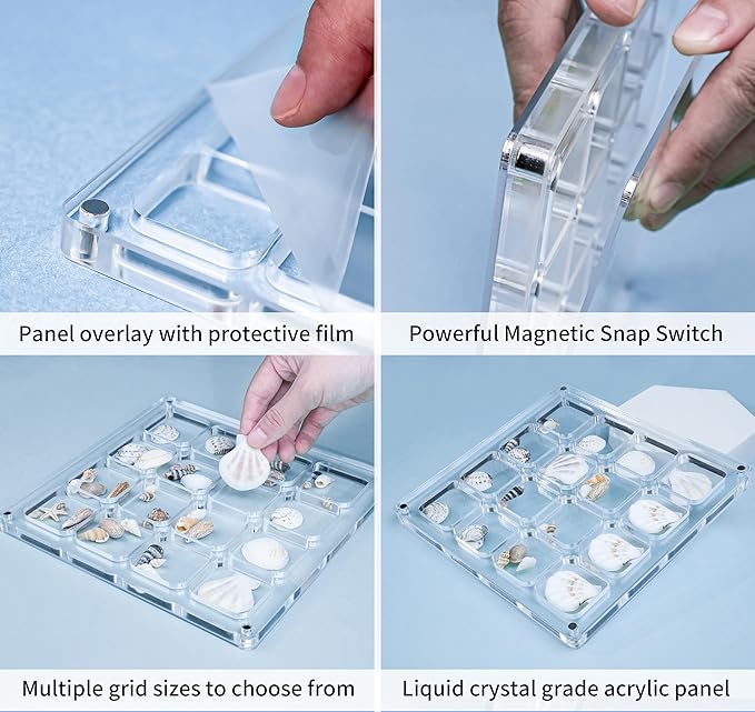 Multi-Style Clear Acrylic Magnetic Shadow Box for Tiny Treasure Hunting, Holder Display Grid Cabinet Case