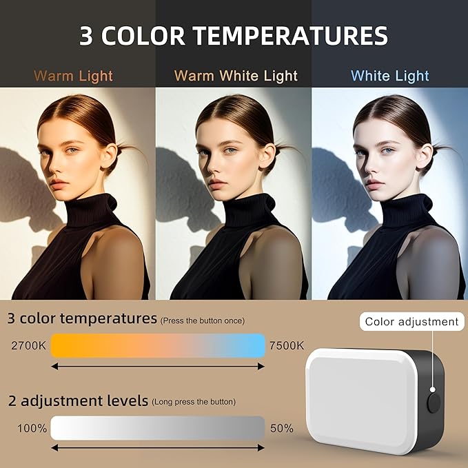 Magnetic LED Selfie Light Compatible for DJI Osmo Pocket 3, Magnetic Mini Fill Light with Cold Shoe Mount Adapter, 3 Color Temperatures, Brightness Adjustable, Rechargeable