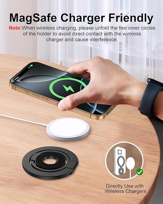 Phone Ring Holder Grip with Dual-Side Magnets, Universal Magnetic Kickstand Stand, Wireless Charging Friendly, Foldable for iPhone 17 Pro Max, Samsung, Case, Desk, Car Mount, MagSafe Compatible-Black