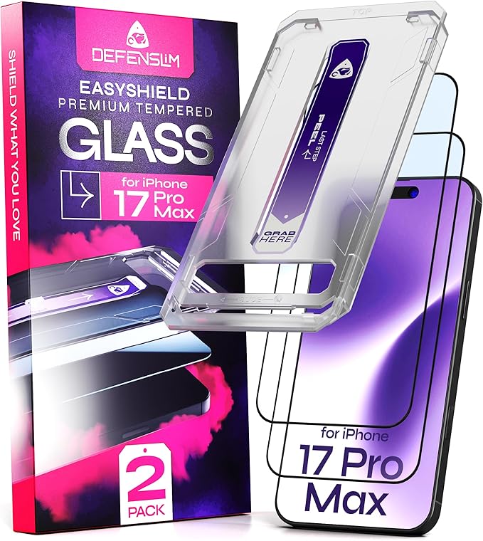 Defenslim for iPhone 17 Pro Max Screen Protector (2Pack), Easy Auto-Align Install Kit, 6.9" Tempered Glass, 9H Hardness, Ultra HD Clear, Case Friendly, EasyShield