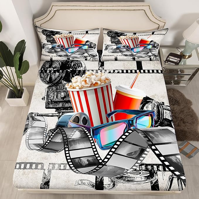 Erosebridal Movie Themed Sheet Set King for Boys Girls Family Vintage Cinema Style Bed Sheets Set Home Theater Decor Sheets Film Theme Fitted Sheet Retro Clapboard Popcorn Filmstrip Print Flat Sheet