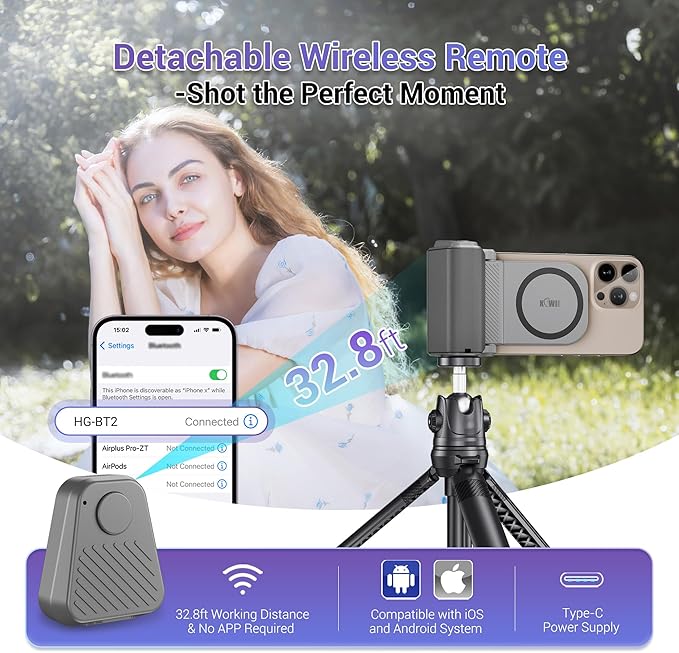 KIWIFOTOS for iPhone Magsafe Camera Grip Magnetic Phone Handle with Bluetooth Remote & Tripod Mount Adapter for iPhone 17 16 Pro Max Samsung Smartphone Vlog Video Shooting