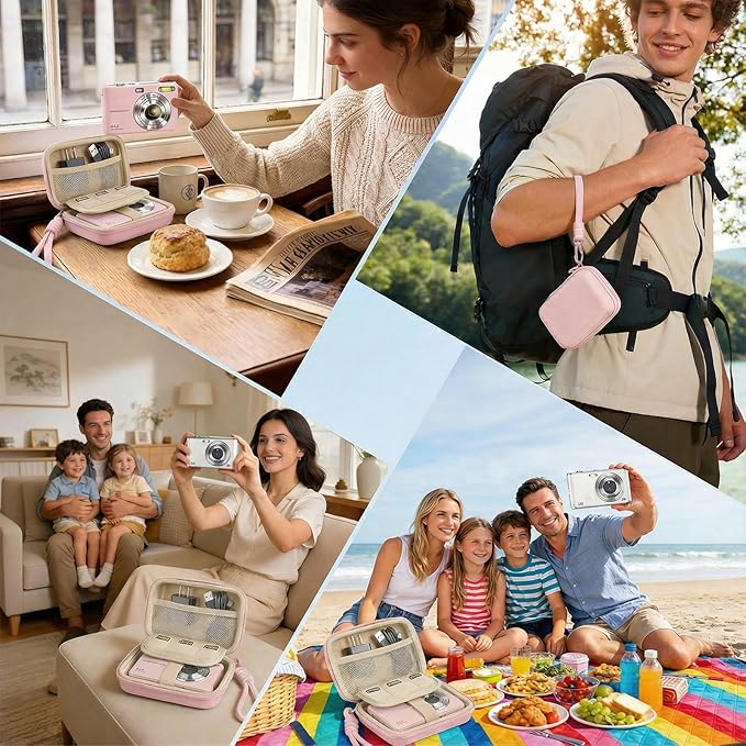 Digital Camera Case for CAMKORY/KODAK PIXPRO FZ45/FZ55/Canon IXUS 285 HS/AbergBest/Sony DSCW800/DSCW830 - Small Travel Compact Camera Holder with Mesh Pocket for SD Card & Accessories (Rose Gold)