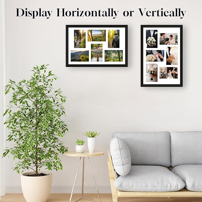 4x6 Picture Frame Collage 6 Openings, Multi Photo Collage Frame 11.5x17.5 Gallery Wall Decor Wooden, Black Frame with White Mat, Wood