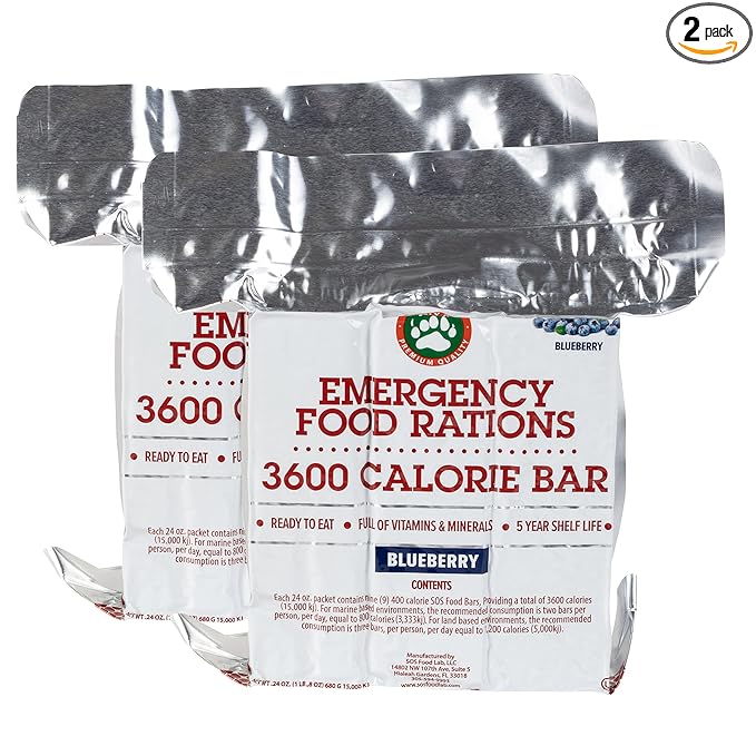 Grizzly Gear Emergency Food Rations- 3600 Calorie Blueberry Bars (2 Pack) - 6 Day, 144 Hour Supply For Disaster, Hurricane, Flood Preparedness - Less Sugar, More Nutrients - 5 Year Shelf Life