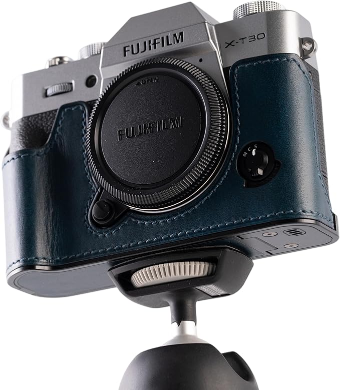 Handmade Genuine Leather Camera Half Case for FUJIFILM X-T30III /FUJIFILM X-T30III Camera Case/FUJIFILM X-T30III Case - Top Layer Cowhide Body + Metal Base Plate (Museum-C-Blue)