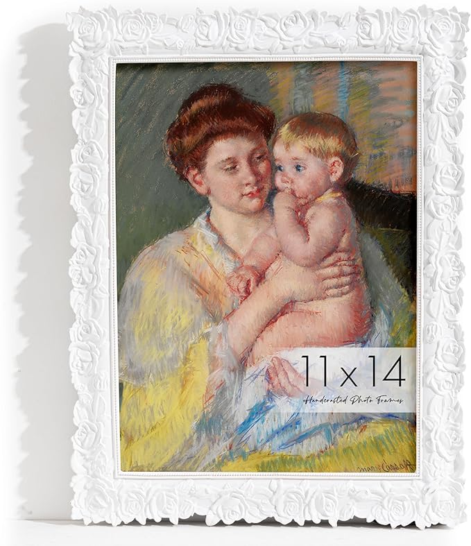 Axeman 11x14 Vintage Picture Frame | Antique 11 x 14 Photo Frame with Real Glass | Ornate Rose Frame 11x14 for Wall Mount | Retro White 11 x 14 Picture Frame - White