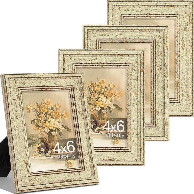 Vittanly 4x6 Picture Frame Set of 4, Vintage Photo Frame for Wall or Tabletop, Display 4x6 Pictures, Rustic Farmhouse Home Decor, Green Gold