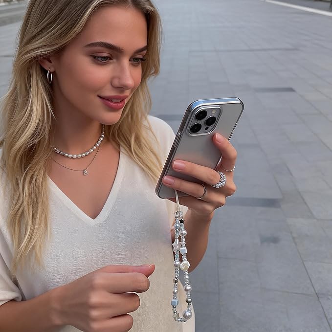 2 Pcs Phone Charm Strap Universal Hand Phone Wrist Strap Camera Lanyard Pearl Beaded Cute Chain String Accessories Universal for iPhone 17 16 Pro Max Samsung Women Girls Keychain Brown and White Star