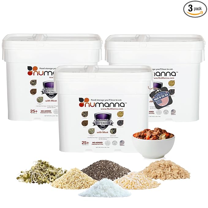 Numanna Defender Pack with Meat Bucket 648 Servings | 3-Month Emergency Food Supply with Protein | Easy-to-Prepare Survival Meals for Prepping, Camping & Daily Use | 25+ Year Shelf Life | Made in USA