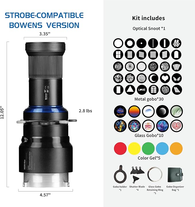 Bussi MG06 Max Bowens Mount Snoot with 40 Gobos, 36° Lens Optical Snoot Spotlight for Photography Video Shape Light Studio,GOBO Light, Strobe Bowens Mount