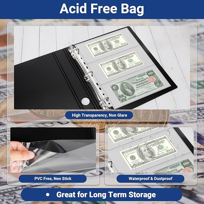 ENPOINT 90 Pockets Acid Free Currency Sleeves, 30 Pack Dollar Bill Sleeves for Collecting Cash, Banknotes or Coupons, Fit for 3 Ring Binder Currency Album, Non Stick and Non Glare