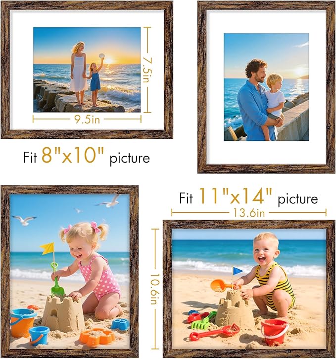 Vittanly 11x14 Picture Frame, Made of Solid Wood and Shatterproof Plexiglass, Display Pictures 8x10 with Mat or 8x10 without Mat, Wooden Photo Frame for Wall Mounting or Tabletop, Dark Brown, 1 Pack