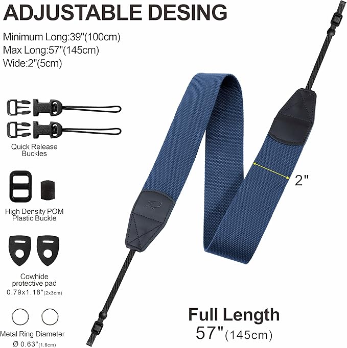 Padwa Lifestyle Blue Camera Strap - 2" Wide Genuine Leather Ends Camera Straps for Photographers, Vintage Cotton Woven Strap with Camera Quick Release Clips fits All Cameras and Binoculars