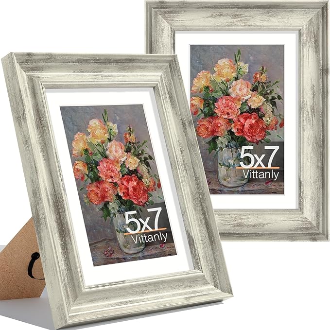 Vittanly 5x7 Picture Frames Set of 2, Ornate Vintage Photo Frame for Wall or Tabletop, Display 4x6 Pictures with Mat or 5x7 without Mat, Distressed White