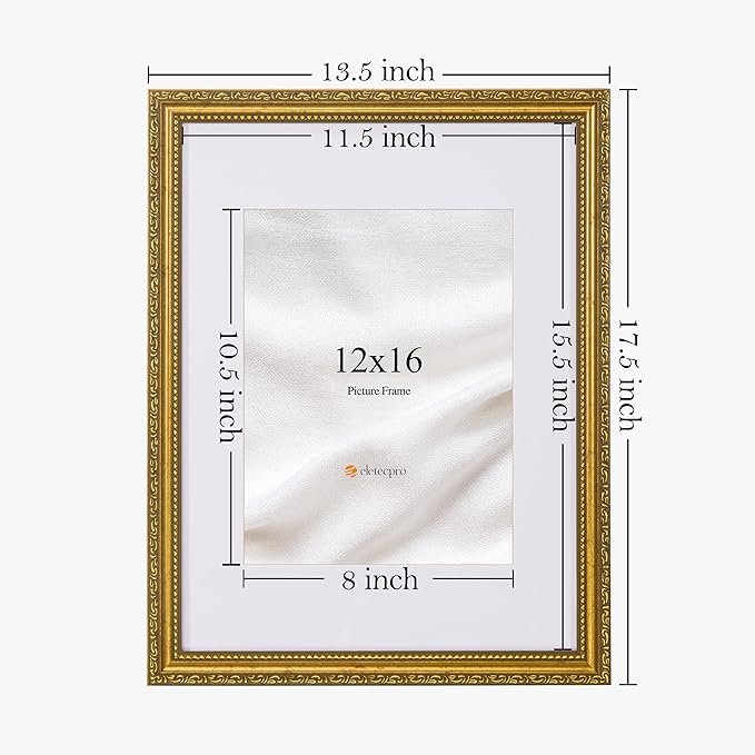 eletecpro 12x16 Picture Frames Set of 4, Vintage Frame with Glass Cover, Ornate Gold Photo Frames 12 by 16 Display 8.5x11 Photo with Mat or 12x16 without Mat for Home Wall Decor, Gold