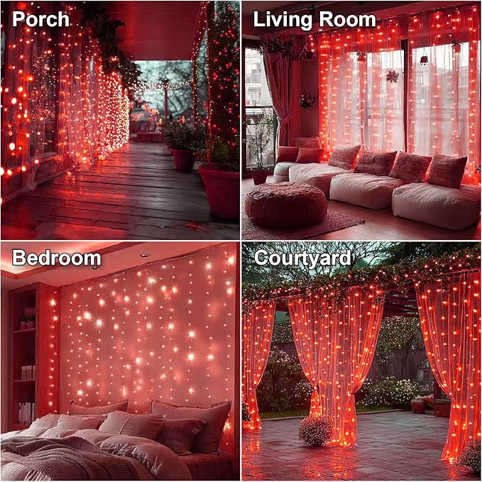HXWEIYE 300LED Fairy Curtain Lights, 9.8x9.8Ft USB Plug-in 8 Modes Christmas String Hanging Lights with Remote for Bedroom Backdrop Wedding Indoor Wall Decor, Red, Standard – 1 Pack