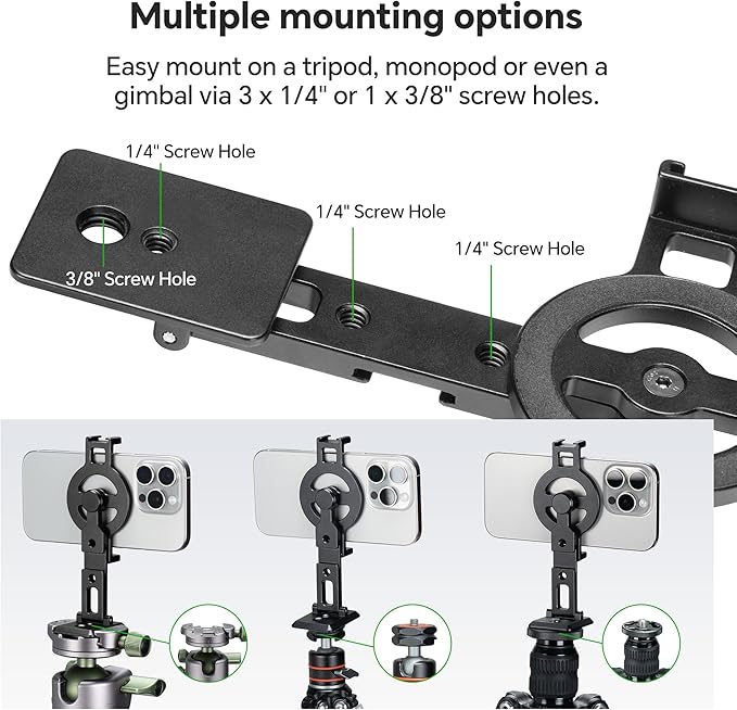 FANAUE Cell Phone Tripod Mount, Magnetic Aluminum Smartphone Stand Adapter with Cold Shoe Arca Swiss QR Base Plate,1/4" & 3/8'' Screw Phone Holder Mount for Video Live Streaming Vlogging