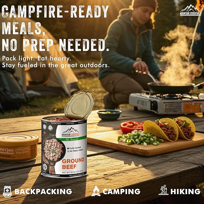 MOUNTAIN ESSENTIALS All Natural Canned Ground Beef 28 Oz Fully Cooked, Ready to Eat Hamburger Meat – Pantry Staple for Everyday Meals, Emergency & Survival – 5-Year Shelf Life – Made in USA – 12 Pack