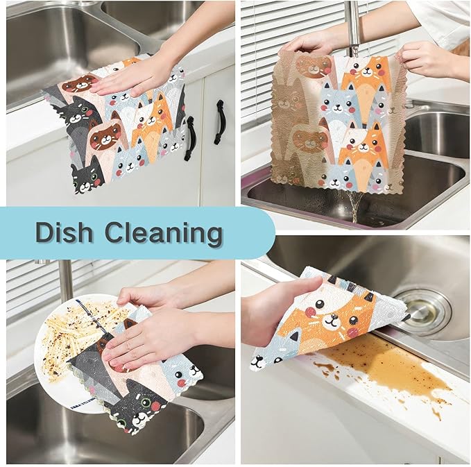 CaTaKu Cute Cats Microfiber Reusable Cleaning Cloths Kitchen Dish Cloths Dish Rags for Washing Dishes, Animal Dish Towels Washcloths for Kitchen Drying, 6 Pack
