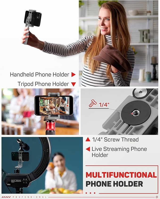 IFOOTAGE Universal Phone Tripod Mount Adapter with Cold Shoe, 360° Rotation Cell Phone Holder for Tripod, Selfie Stick, Desk Phone Stand with Adjustable Clamp, Gray