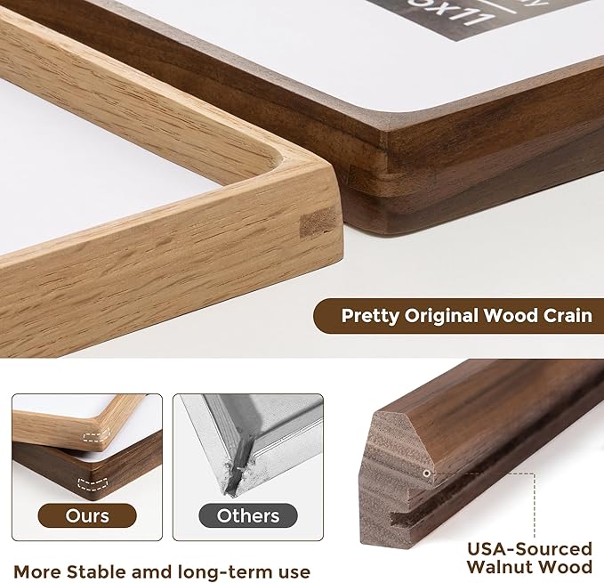 11x14 Wooden Picture Frames USA-Sourced Natural Walnut Solid Wood Photo Frame Handcrafted Rounded Corner with Mat to 8x10 Picture Frame Vintage Display with Real Glass Family Picture， 2 Pack