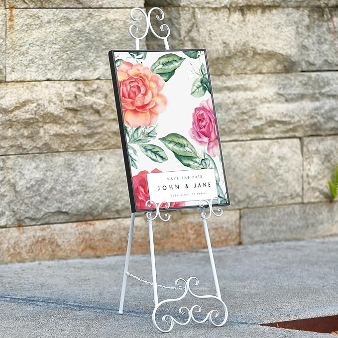 Metal Floor Standing Display Easel, 56" H White Decorative Scroll Easel Stand for Sign Wedding Picture Frame, with Chain Support