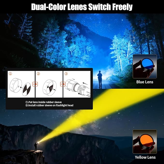 SKYFIRE Rechargeable Flashlights High Lumens with Ignition Lens&White Yellow Blue Light,5000mAh Super Bright Flashlight with 5 Modes& Zoomable,Tactical LED Flash Light for Outdoor,Home& Gift