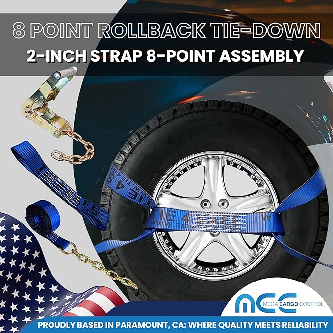 Mega Cargo Control Blue Roll Back Tie Down System Chain Ends 8 Point Tie Down Kit for Car Hauler Carrier Tow Truck - with Black Protective Sleeves
