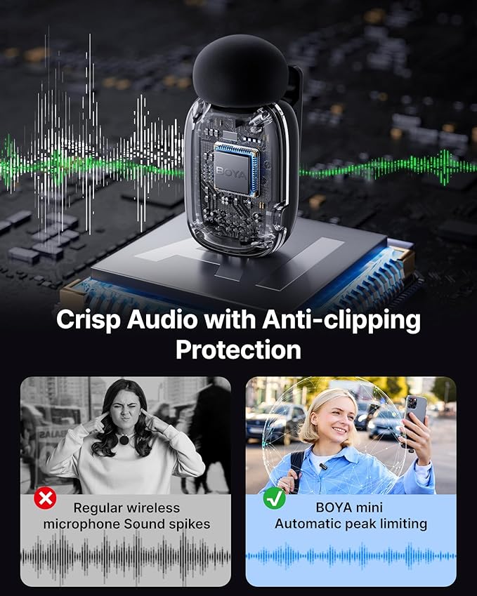 BOYA mini Wireless Lavalier Microphone for Android/iPhone 15/16,USB-C Plug & Play, 328ft 6H Battery, 3-Level AI Noise Reduction,AI Voice Changer for YouTube/TikTok/Recording (2TX+1RX,No Charging Case)