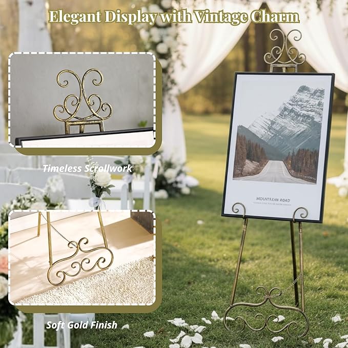 57”H Metal Easel Stand for Sign Rustic, Upgrade Large Free Standing Adjustable Display Scroll Easel Stand, Heavy Duty for Mirror Pictures Wedding Holder Showcasing with Chain Support