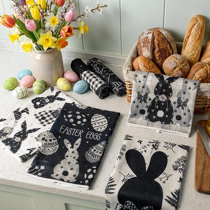 Preboun 6 Pcs Easter Eggs Kitchen Towels Retro Bunny Dish Hand Towels Black White Plaid Easter Themed Dish Cloth House Decorative Farmhouse Tea Cloth Absorbent for Home Kitchen Bathroom Decor