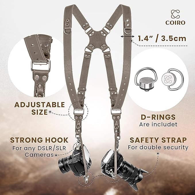 C Coiro Camera Harness for 2 Cameras Dual Shoulder Leather Camera Strap for DSLR/SLR, Camera Straps for Photographers