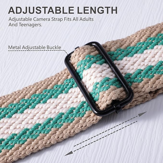 Padwa Lifestyle Adjustable Camera Strap - 2" Top Layer Cowhide Head Camera Straps for Photographers,Soft Cotton Rope Crossbody Strap with Quick Release fits All Cameras - Green White Stripe