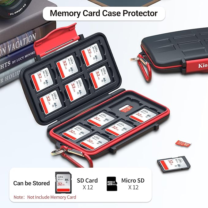 Kiorafoto Professional IPX5 Water-Resistant Anti-Shock Holder Storage SD SDHC SDXC TF MSD Memory Card Case Protector with Carabiner for 12 SD Cards & 12 Micro SD Cards