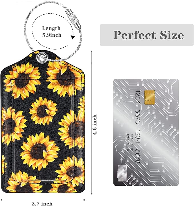 (Set of 2) Luggage Tag for Suitcases Leather Privacy Cover ID Label with Stainless Steel Loop, Travel Bag Tags Suitcase Labels, Sunflower