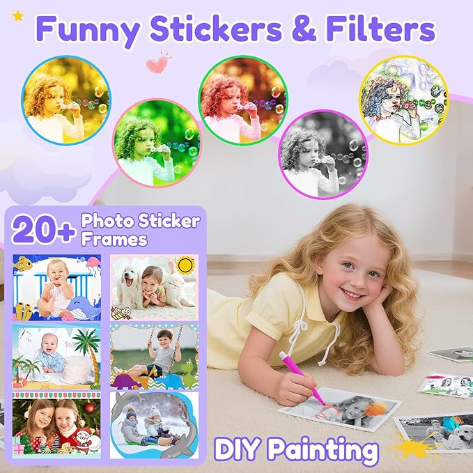 Instant Camera, Kids Camera Instant Print with 2.4 Inch Screen, Christmas Birthday Gifts for Girls Boys Age 3-12, Toddler Digital Print Toy for 3 4 5 6 7 8 9 10 Year Old, Front Rear Dual Selfie,Purple