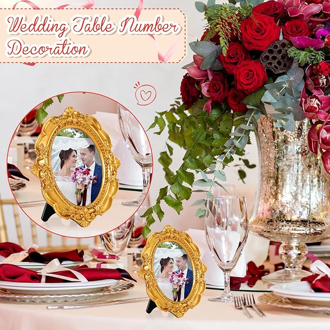 Maitys 50 Pcs Mini Picture Vintage Frames with Stands Tiny Antique Photo Baroque Ornate Resin Oval Frame Table Top Display Home Wedding Decor (Gold)