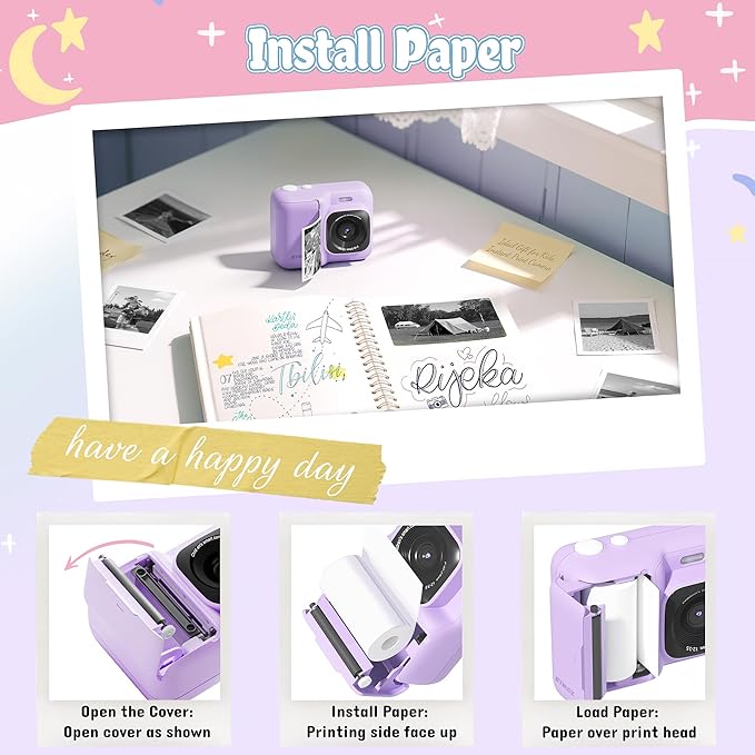 Instant Print Camera for Kids, HD Digital Camera, Christmas Birthday Gifts for 4 5 6 7 8 9 10 Year Old Girls Boys, Portable Toy Printer with 32GB SD Card & 3 Rolls Printing Paper, Mauve