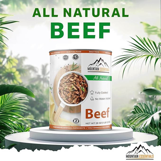 MOUNTAIN ESSENTIALS All Natural Canned Beef 28 Oz – Fully Cooked, Ready to Eat, Gluten Free – Canned Meat for Daily Use, Emergency, Survival & Camping – 5-Year Shelf Life – Made in USA – Pack of 6