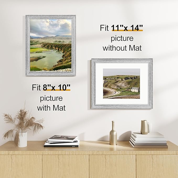 Vittanly 11x14 Picture Frames Set of 2, Ornate Vintage Photo Frame for Wall or Tabletop, Display 8x10 Pictures with Mat or 11x14 without Mat, Rustic Silver